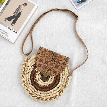 Tajade Handmade Papyrus Woven Round Beach Straw Bag